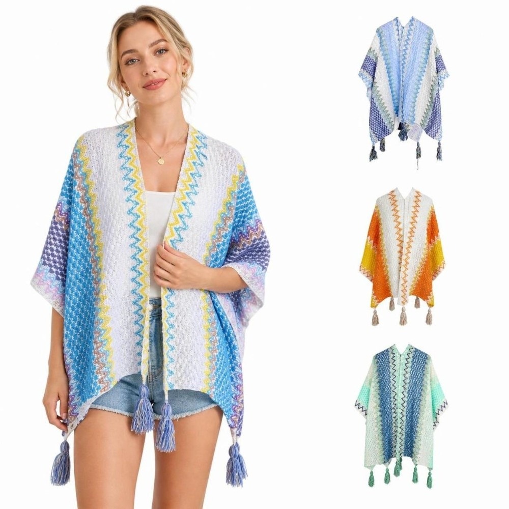 Ethnic Fashion Wear For Women - Retro Striped Pattern Knit Poncho Cape